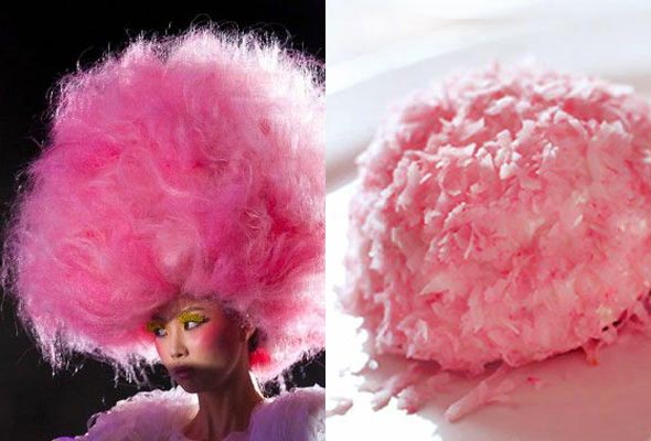 A woman with a pink fluffy hat that looks like the pink coconut sno ball in the accompanying picture