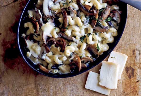 An oval skillet filled with mushroom macaroni and cheese with a spoon resting on top.