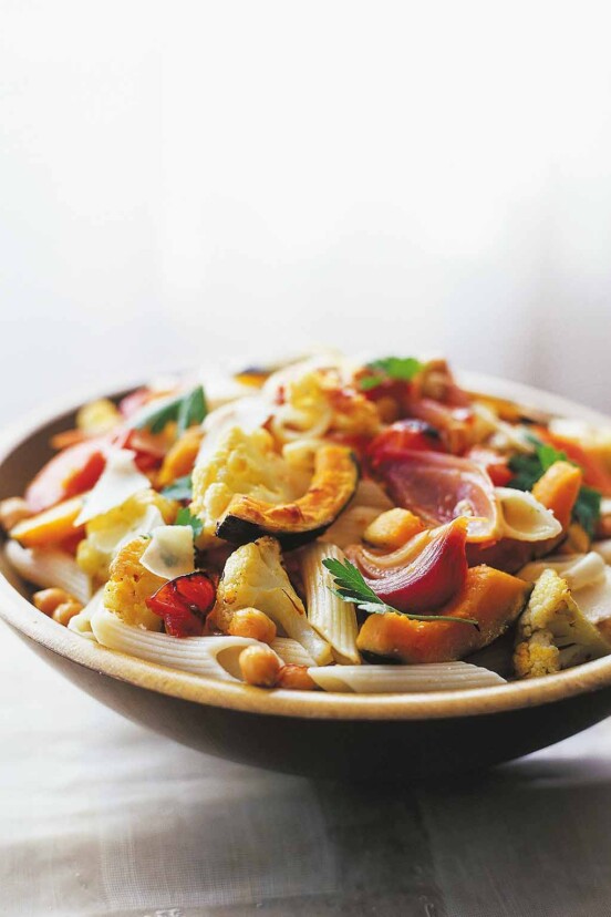 Wooden bowl of pasta with Roasted Vegetables