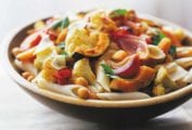 Wooden bowl of pasta with Roasted Vegetables