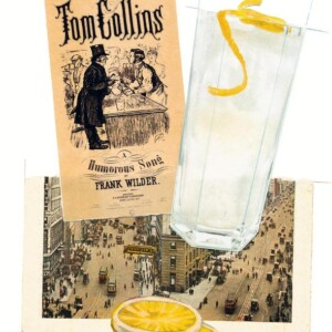 A glass of Tom Collins with a lemon twist, an old photograph, and a Tom Collins pamphlet.