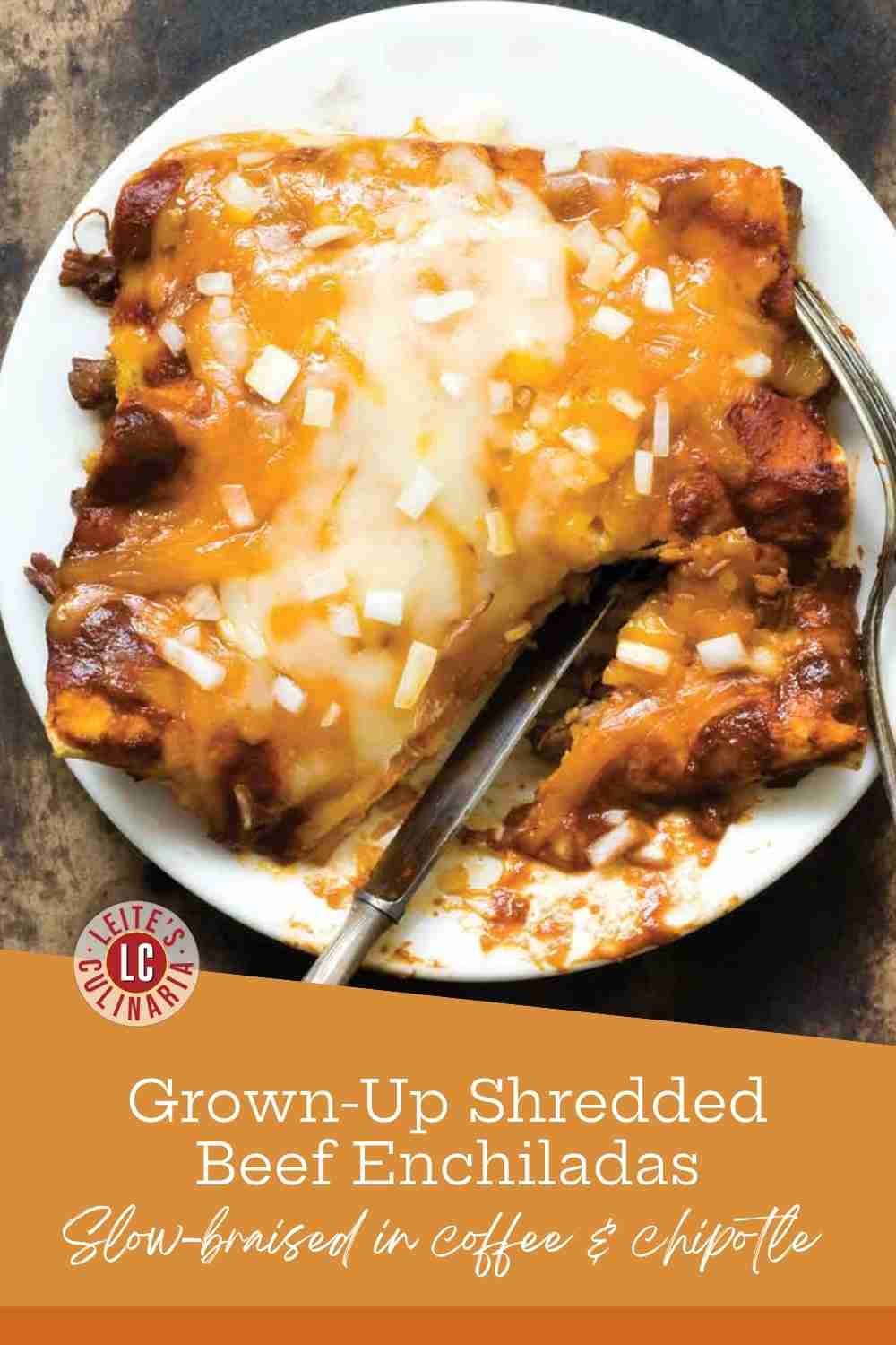 Three beef enchiladas topped with melted cheese on a white plate.