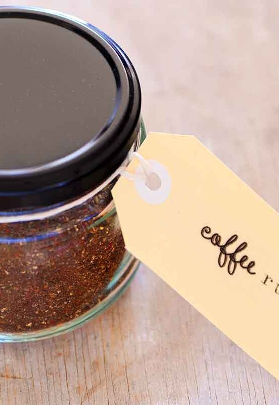 A jar of coffee rub with a manila gift tag.