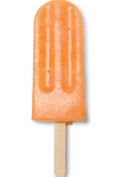 A cantaloupe popsicle with a wooden stick, on a white background.