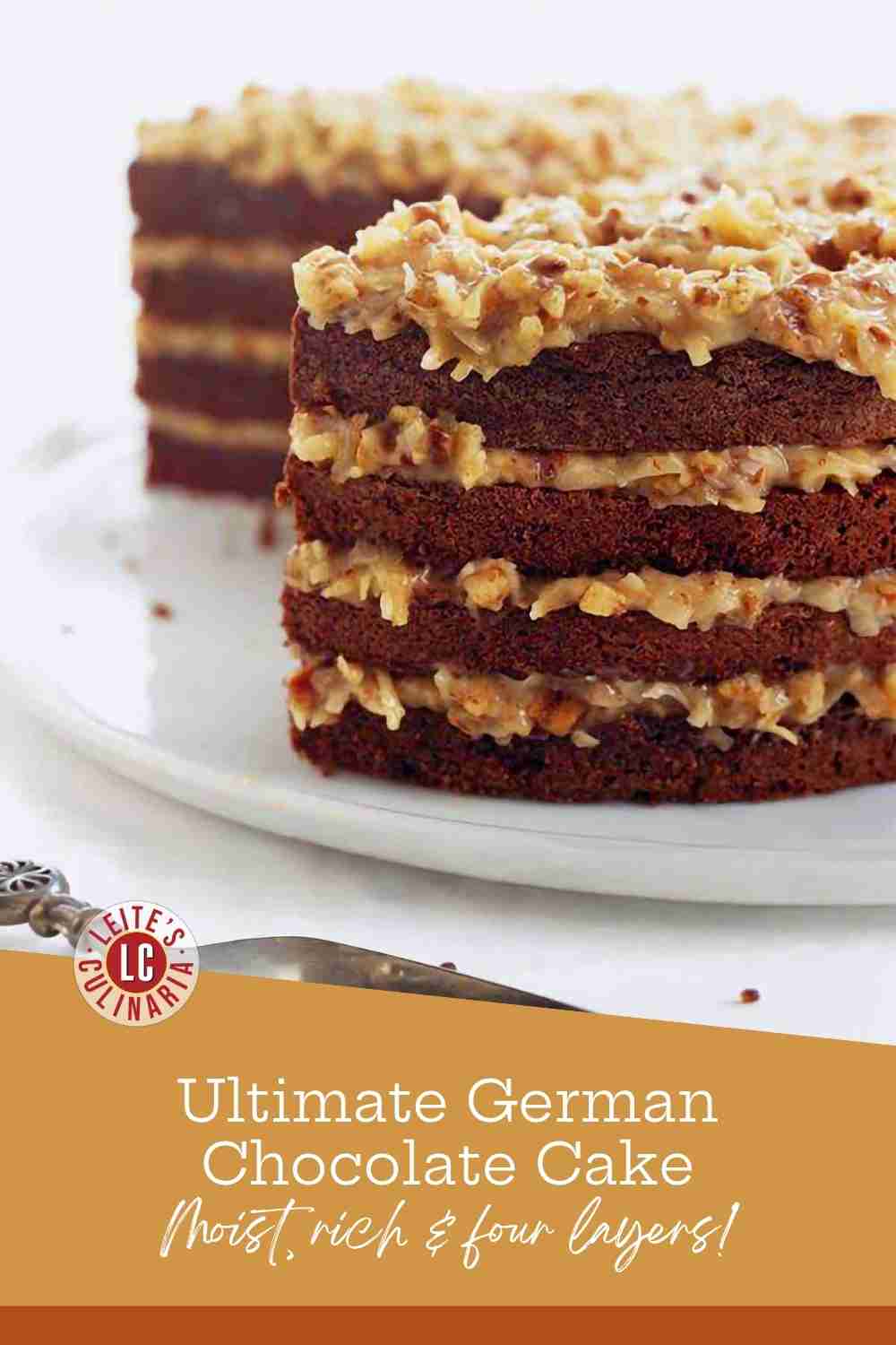 A four-layer German chocolate cake stacked with thick, textured coconut pecan frosting on a white plate.