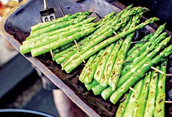 A cook demonstrating how to grill asparagus with several rafts of asparagus spears connected with wooden skewers.