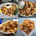 Four various photos of fried clams served in different restaurants.