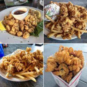 Four various photos of fried clams served in different restaurants.