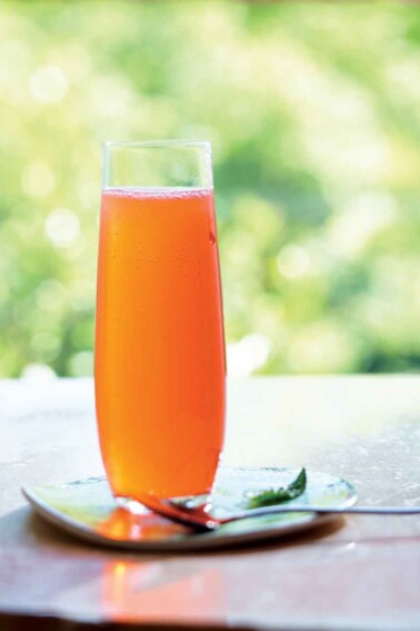 A tall glass of fruit shrub sitting on a napkin with a long spoon next to it.