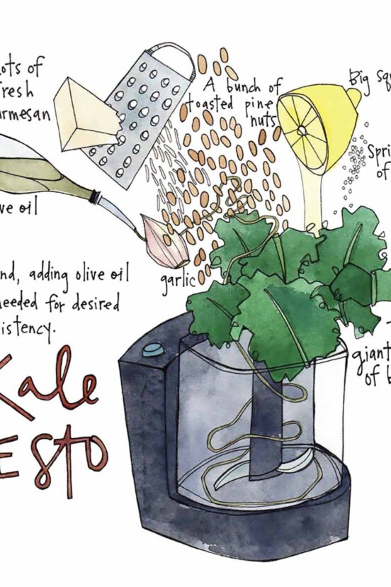 An illustration of kale pesto ingredients being added to a food processor
