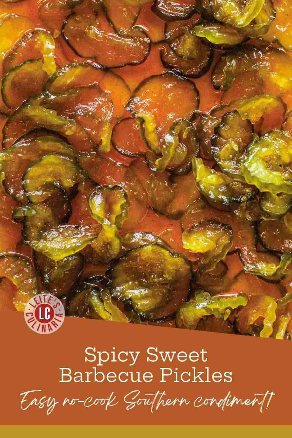 Close-up of sliced green dill pickle chips marinating in a vibrant, reddish-orange sweet and spicy sauce.
