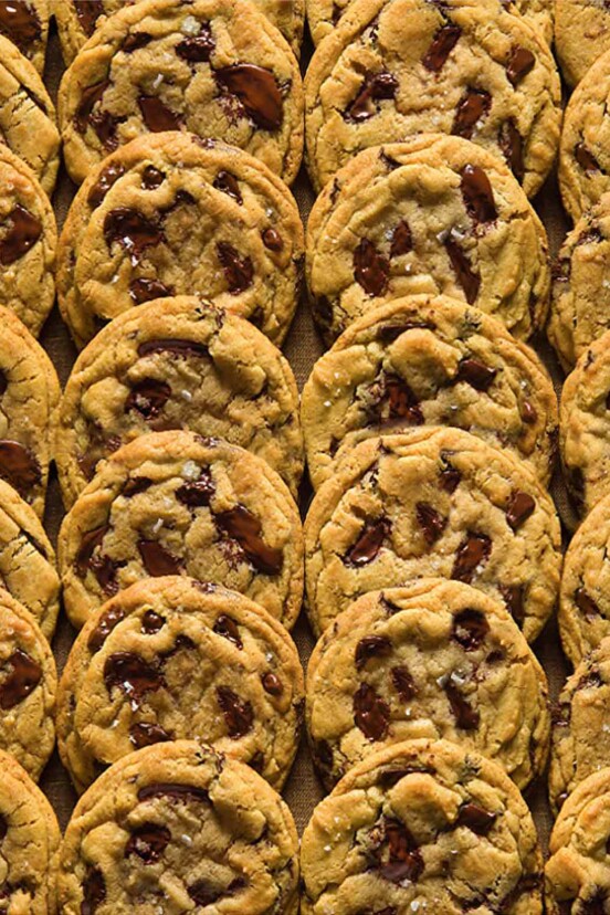2 dozen overlapping ultimate chocolate chip cookies via David Leite from The New York Times