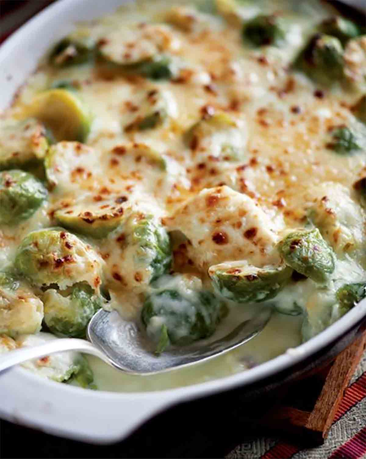 A white gratin dish filled with creamy Brussels sprouts and covered in cheese.