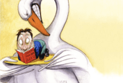 An illustration of a goose holding platter with a man reading "How to Cook Your Own Goose."