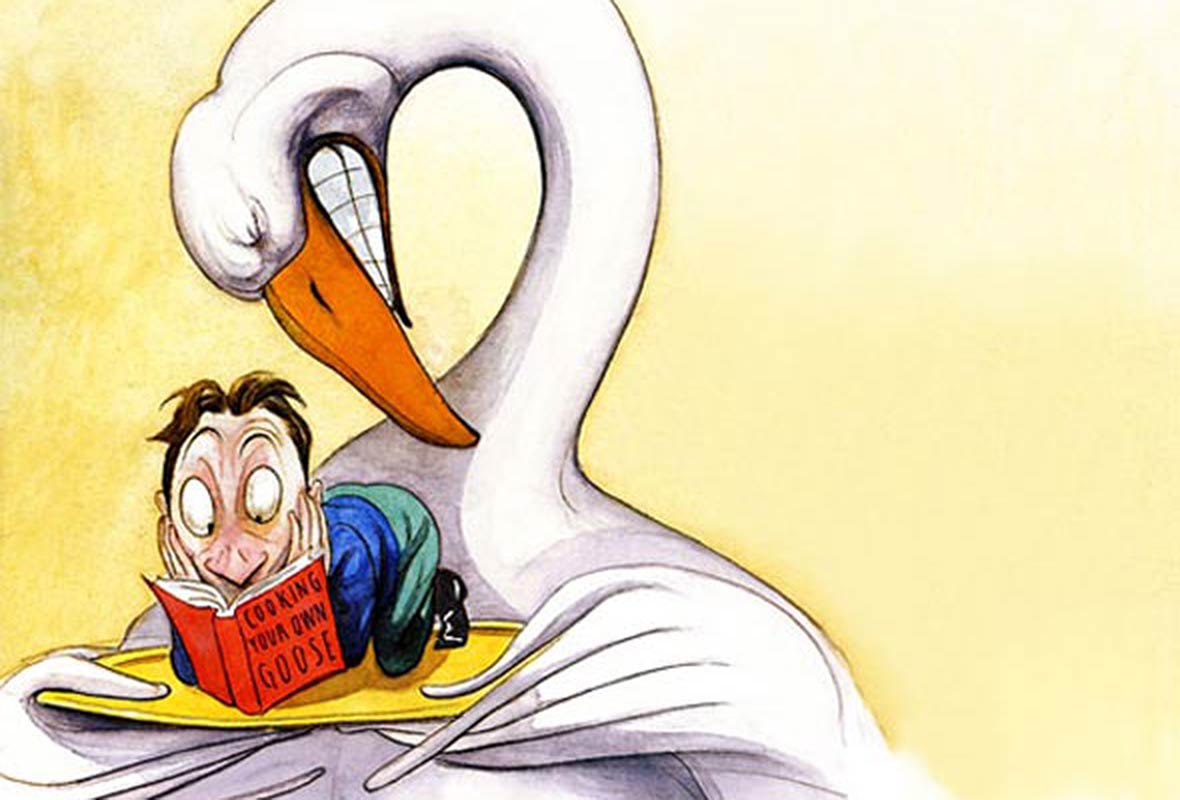 An illustration of a goose holding platter with a man reading "How to Cook Your Own Goose."