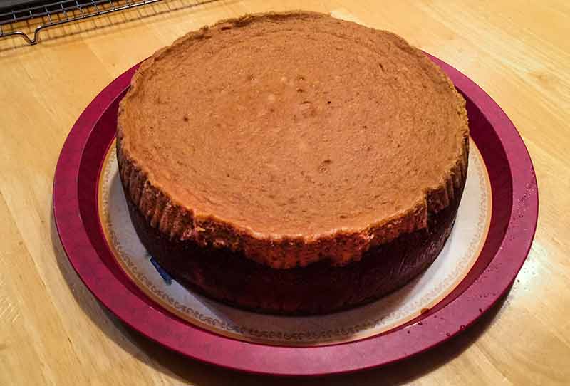 A round gingerbread cheesecake with a crumb crust sitting on a white and red plate