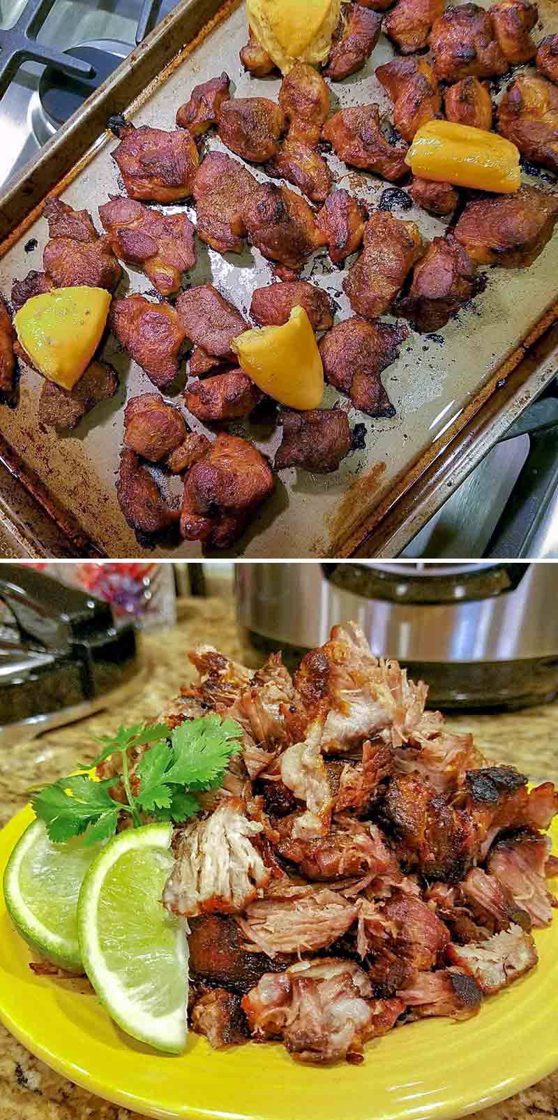 A sheet pan of of carnitas pork chunks and orange sections and a plate of shredded pork carnitas with leaves of cilantro