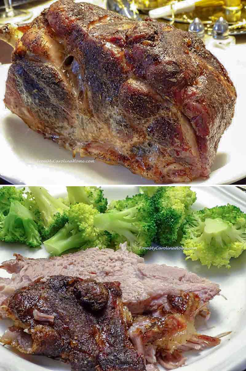 Two images of roasted pork shoulder, one whole, one sliced on white plates