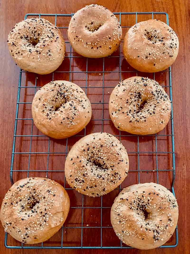 8 sesame-poppy seed homemade bagels on a wire rack on a table