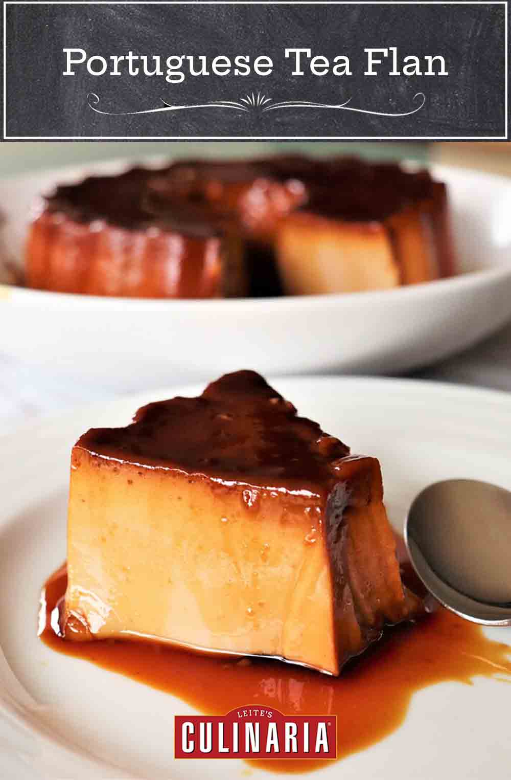 A piece of Portuguese tea flan on a white plate, drizzled with caramel sauce with the remaining flan in a bowl in the background.