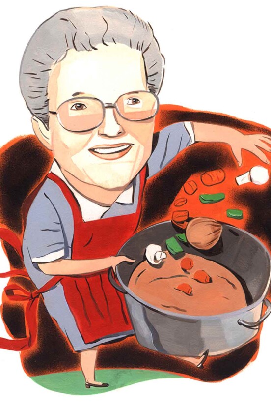 Illustration of a woman in a red apron holding a pot of stew