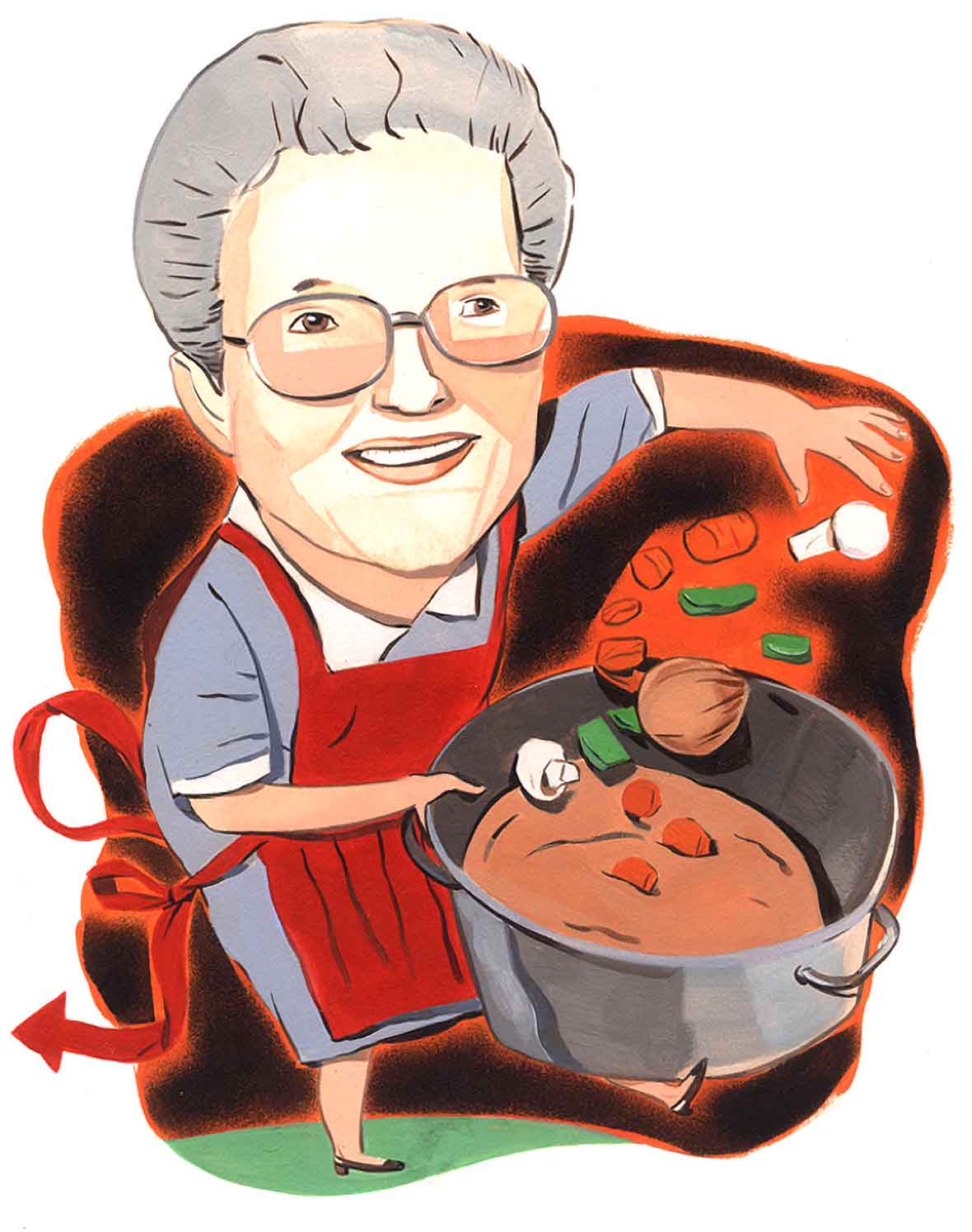 Illustration of a woman in a red apron holding a pot of stew