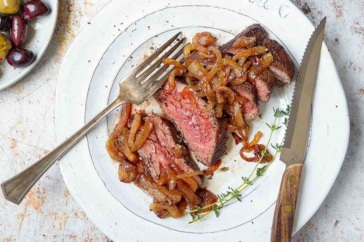 Grilled Bavette Steak with Caramelized Shallots