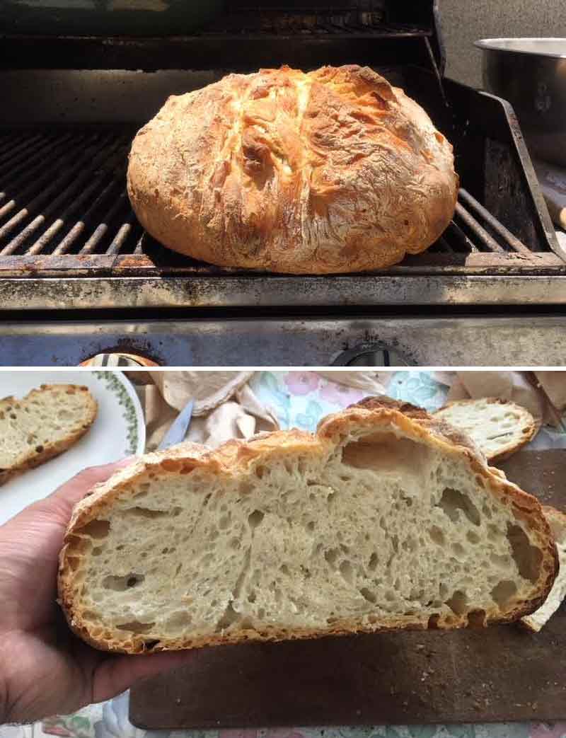 Two pictures of Jim Lahey's no-knead bread. A whole loaf on a grill, and the loaf sliced in half