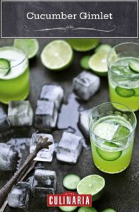 Three glassese of cucumber gimlet with ice and cucumber slices surrounded with ice cubes.