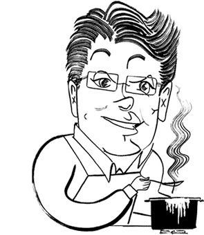 A caricature of a man stirring food in a pot.
