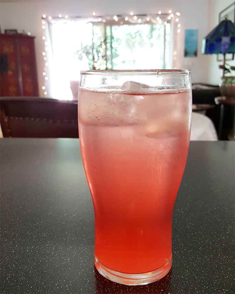 A tall glass of pink rhubarb vodka