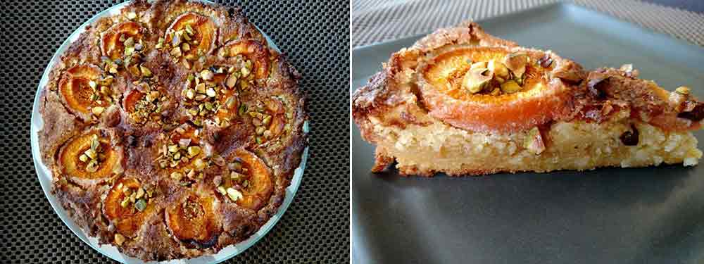 Two photos of an apricot-frangipane tart--the left is the whole tart, the right is a slice on a square plate
