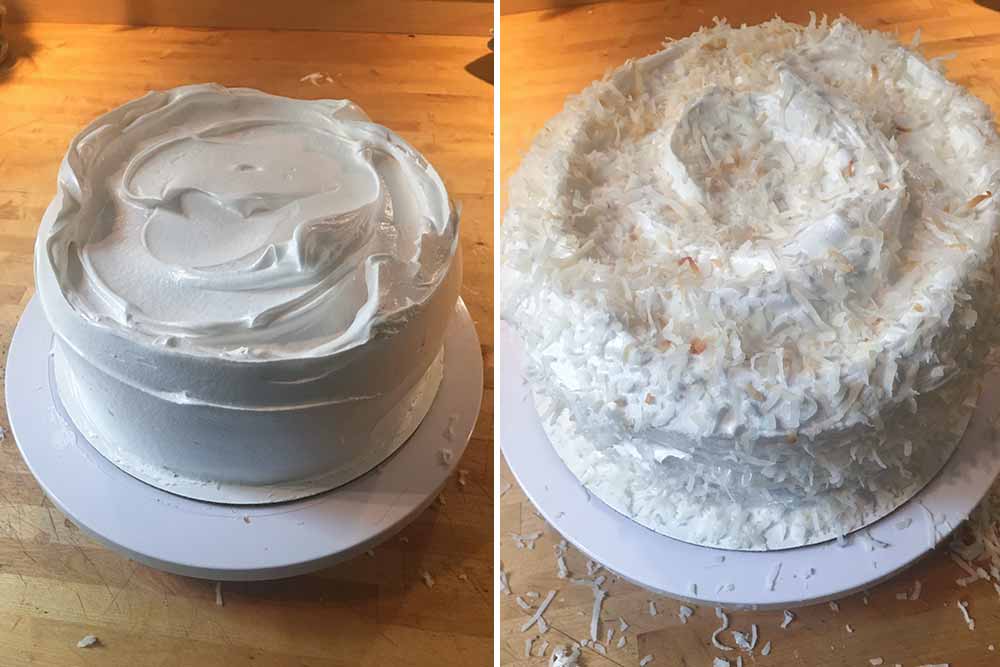 Two photos of Magnolia Vakery's coconut layer cake--left is plain, right covered in shredded coconut