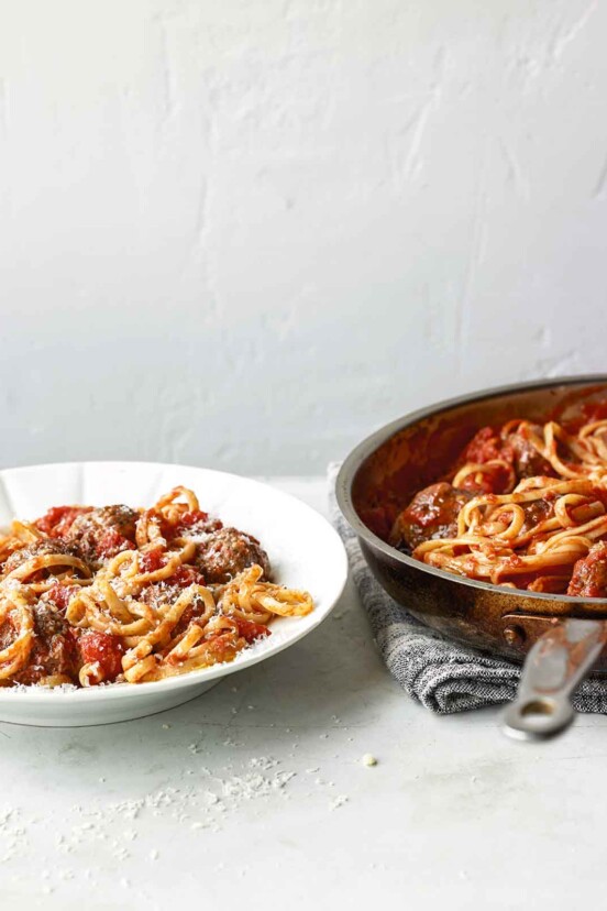 This spaghetti and meatballs from Dorie Greenspan is, as you'd expect, easy and delicious. #spaghetti #meatballs #spaghettiandmeatballs #doriegreenspan