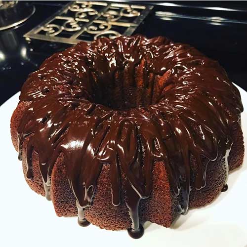 A chocolate sour cream Bundt cake dripping with thick chocolate glaze