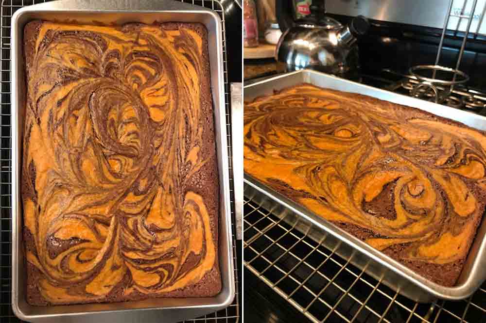 Two images of sheet pan of orange and brown pumpkin swirl brownies fresh out of the oven