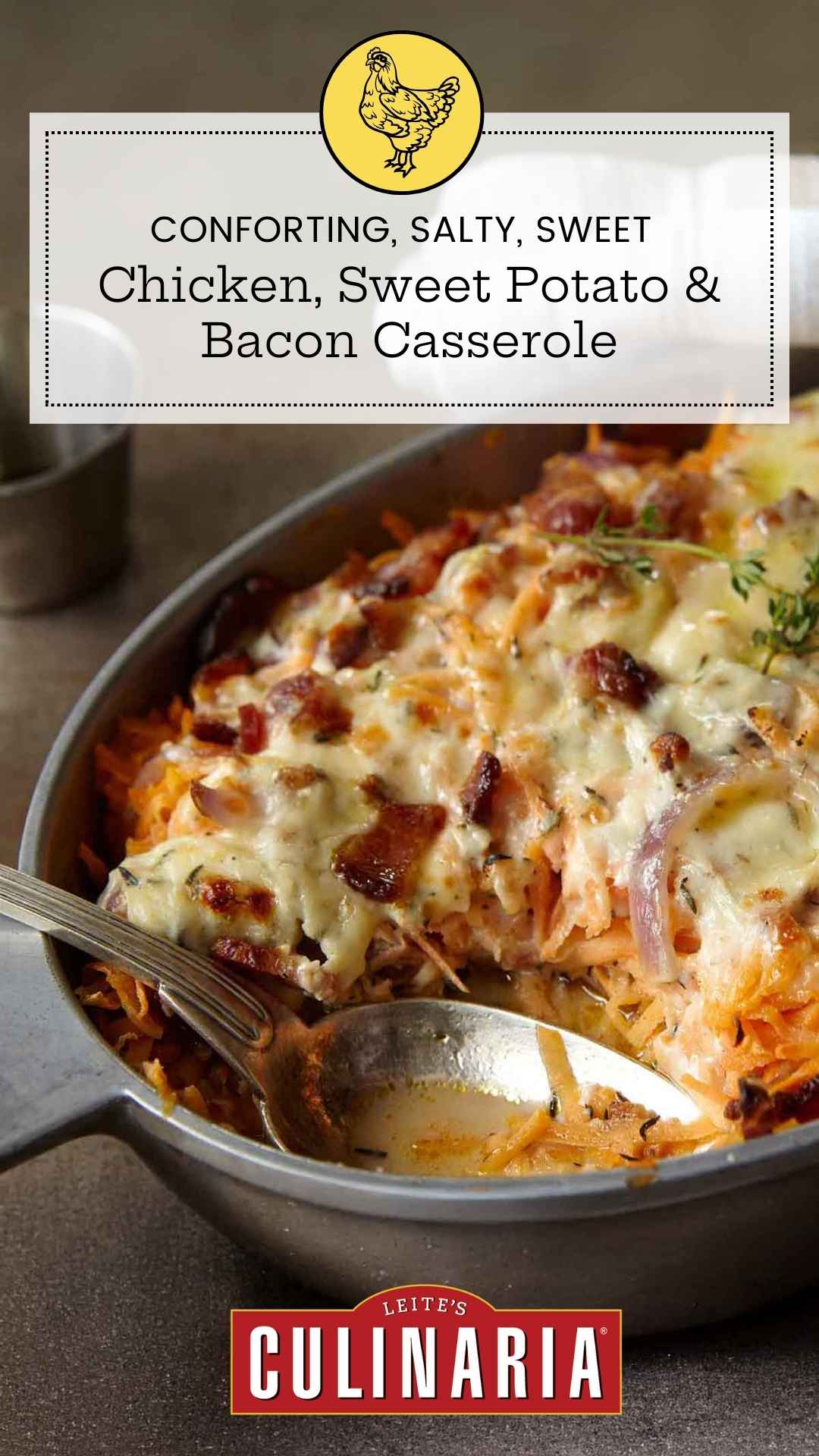 A chicken, sweet potato, and bacon casserole in an oval dish, topped with melted cheese.