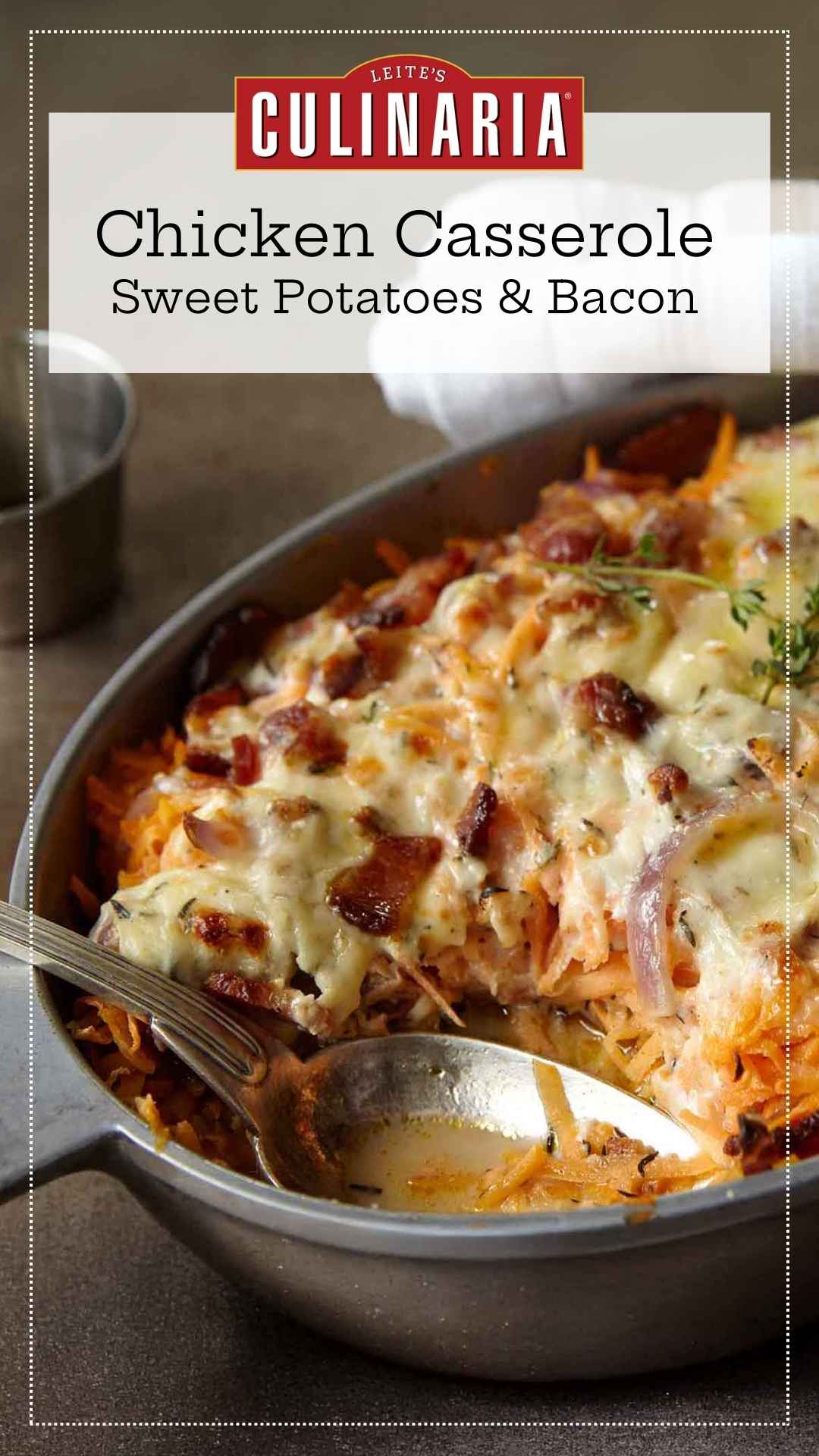 A chicken, sweet potato, and bacon casserole in an oval dish, topped with melted cheese.