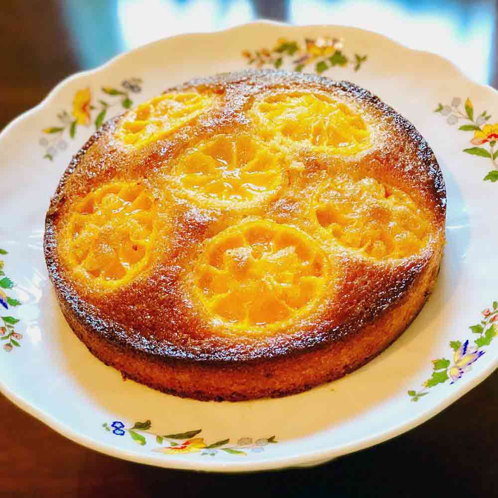 An upside-down clementine cake, with golden slices of clementines showing