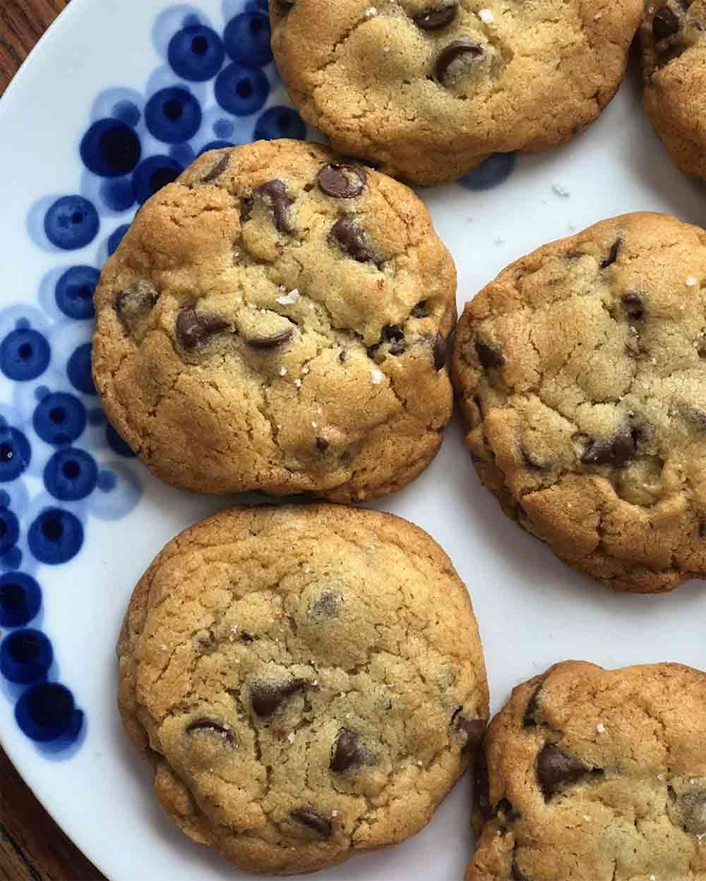 Six chocolate chip cookies on a blue and white plate