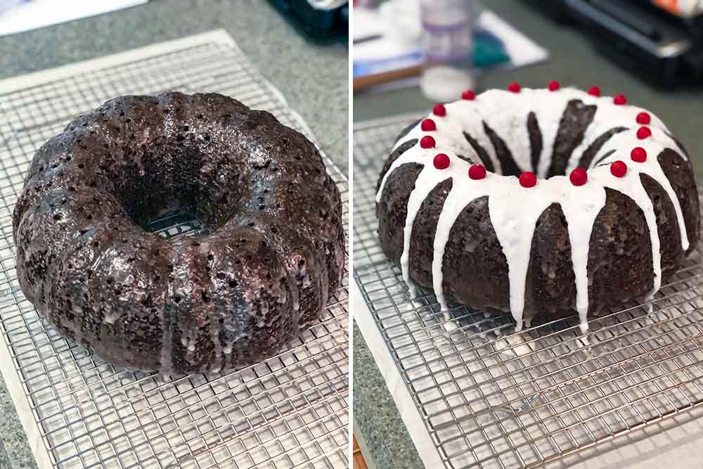 Two photos: one of a gingerbread Bundt cake with a sugar glaze, the other with a dripping icing dotted with cranberries