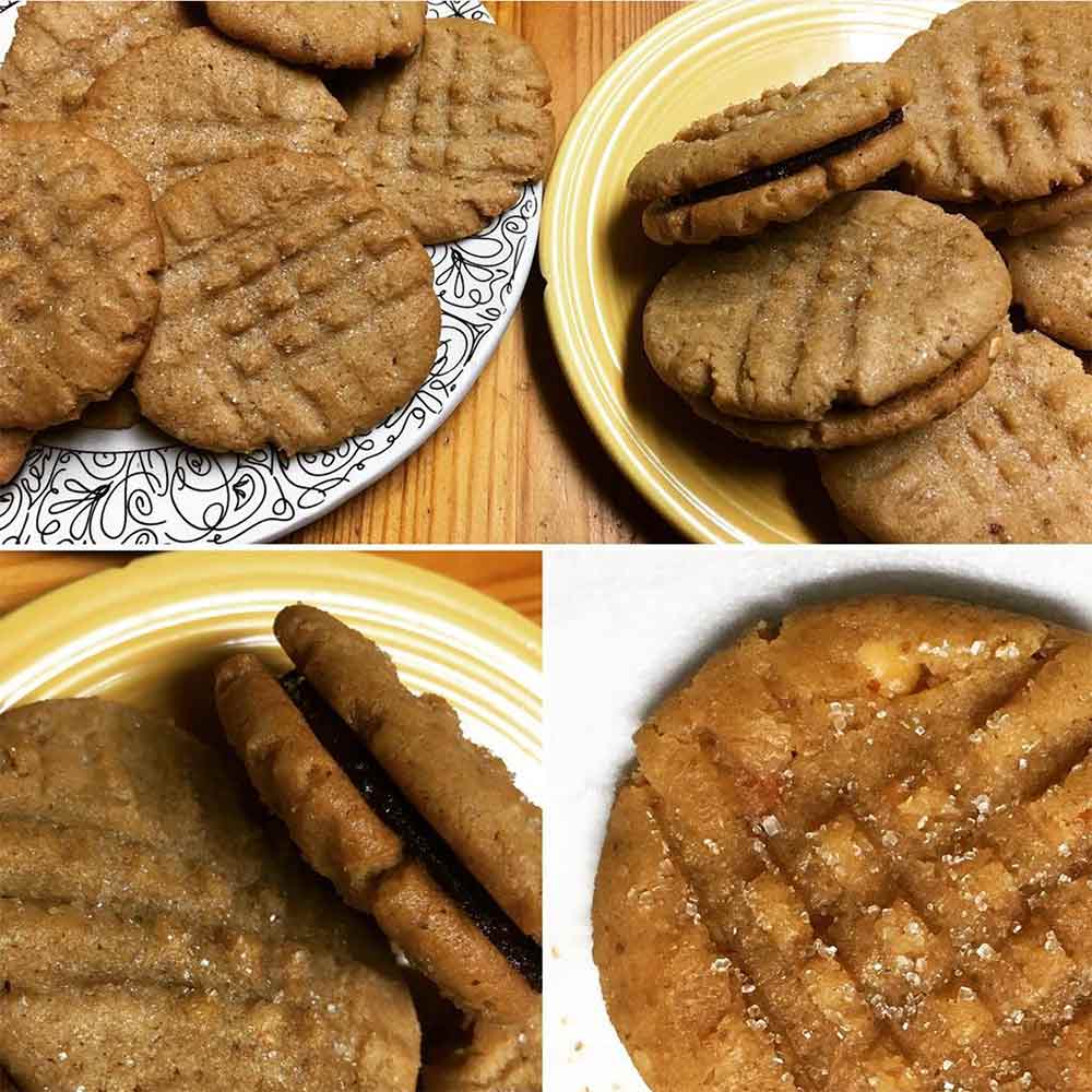 Four photos of old-fashioned peanut butter cookies with cross hatch made from fork marks