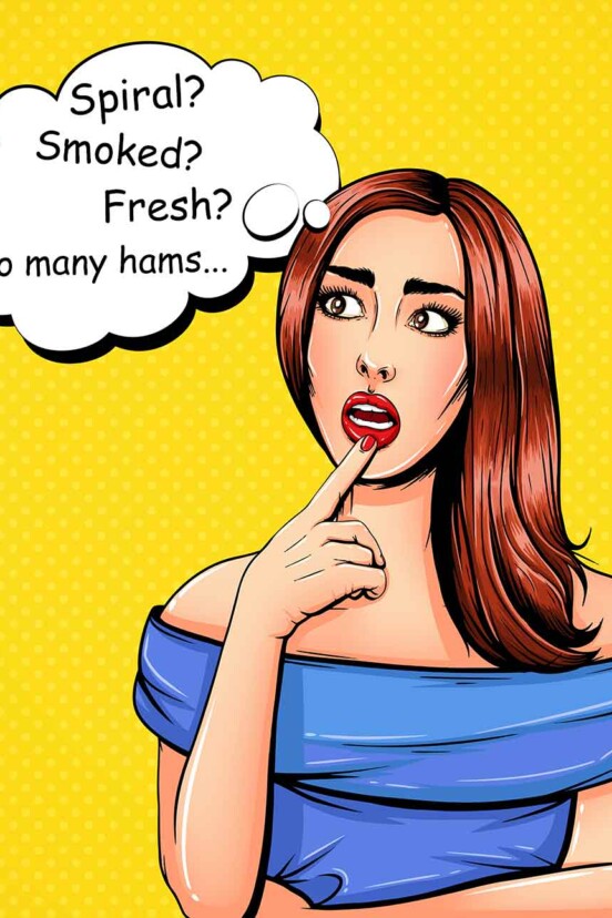A cartoon of a woman contemplating different types of ham