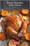 A whole roast chicken in a roasting pan with halved citrus fruits around it