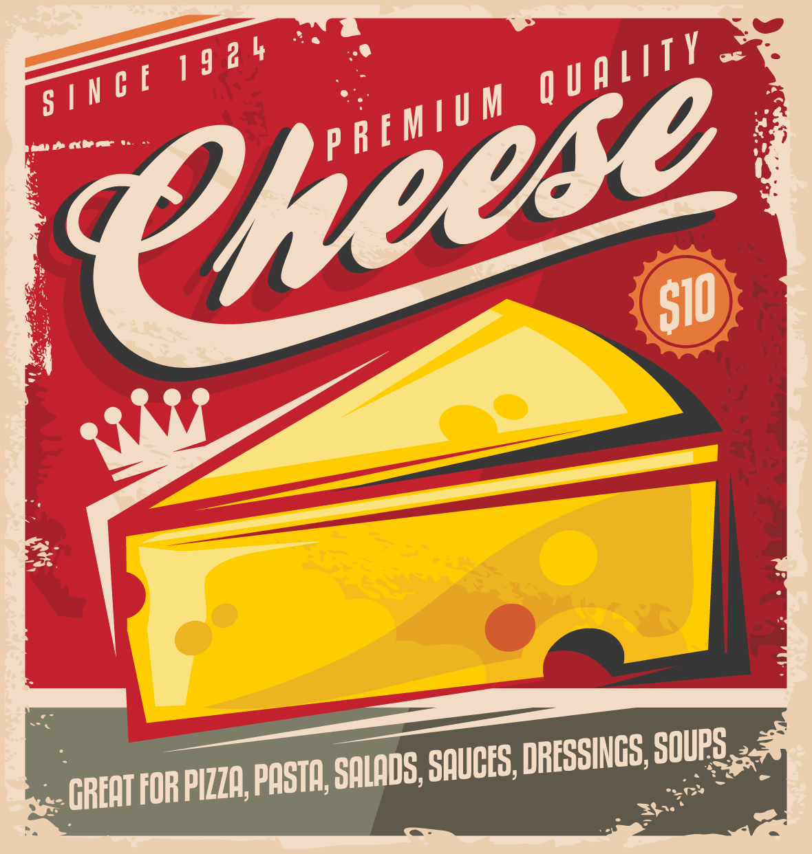 Vintage Cheese Poster with red background and a large wedge of cheddar cheese.