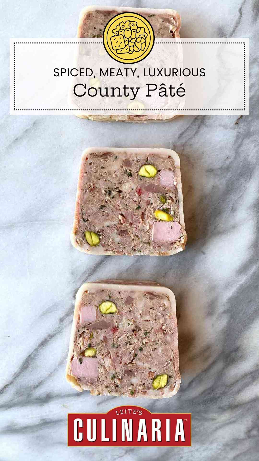 Three slices of country pate on a marble surface.
