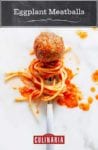A single eggplant meatball on a fork with spaghetti and tomato sauce.