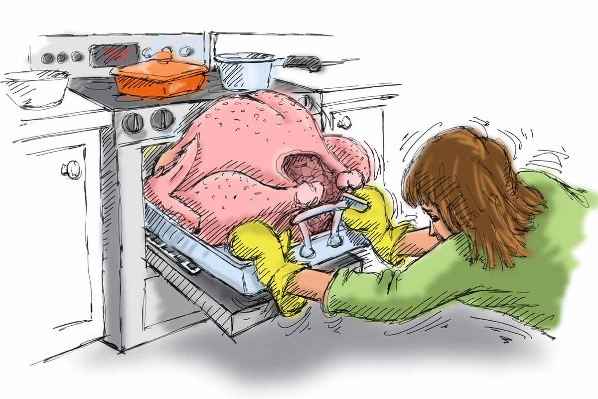 An illustration of a cook attempting to fit a too-big turkey into a small oven.