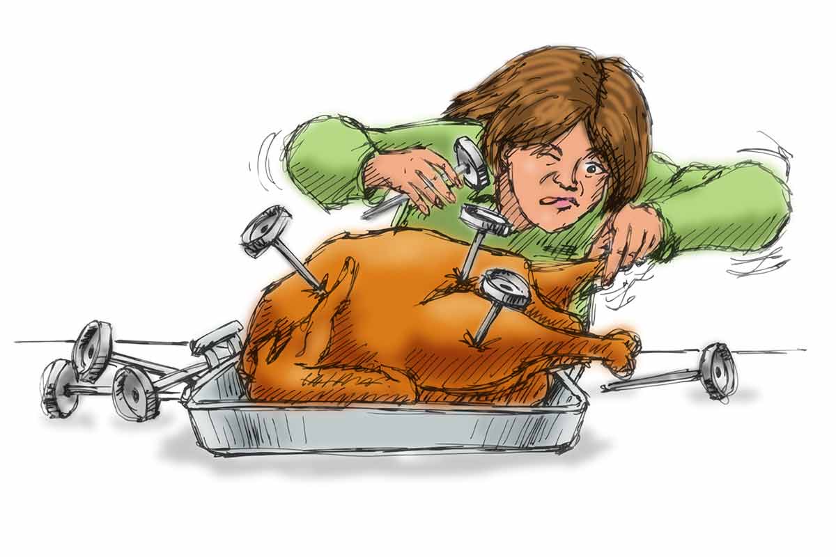 An illustration of a cooked turkey with several thermometers in it and a frustrated cook.