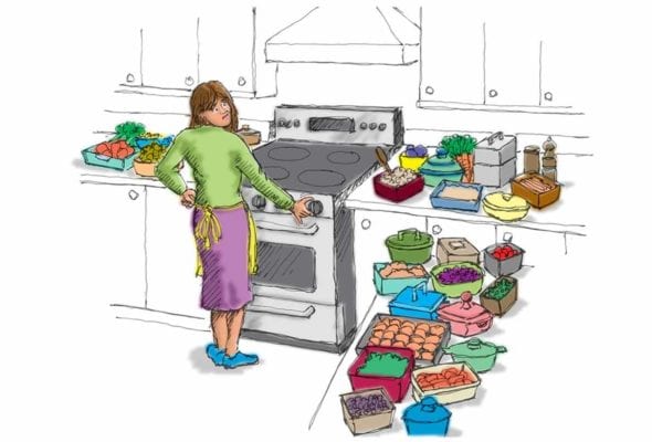 An illustration of a cook standing at the stove surrounded by many dishes.